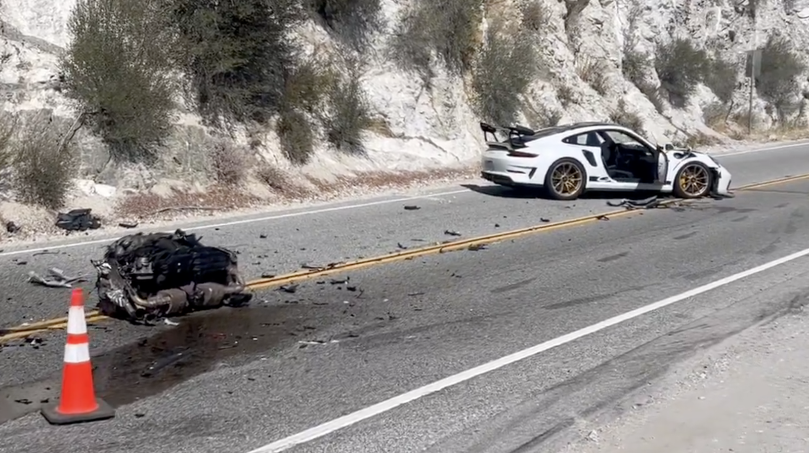 The GT3 RS involved in the crash, along with the Carrera's engine